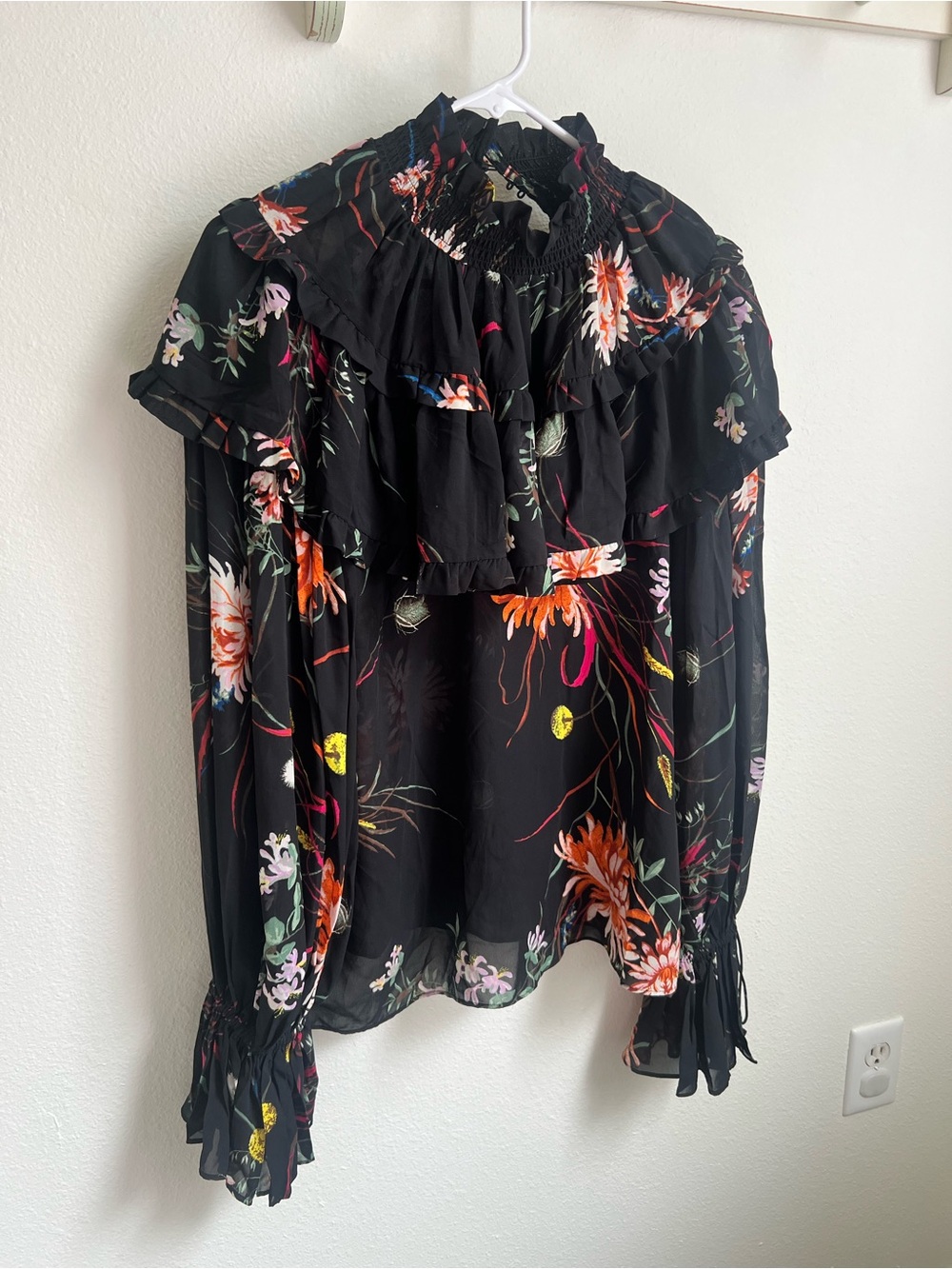 H&M Black Floral Ruffle-Neck Long Sleeve Blouse